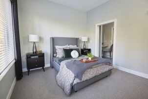 Modern bedroom with gray bed and nightstands